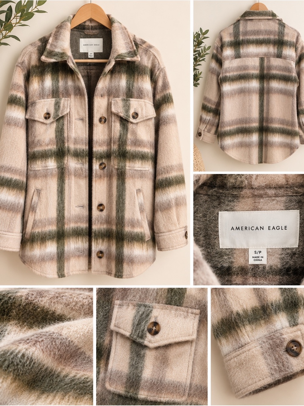American Eagle Outfitters Plaid Shacket in Taupe and Olive